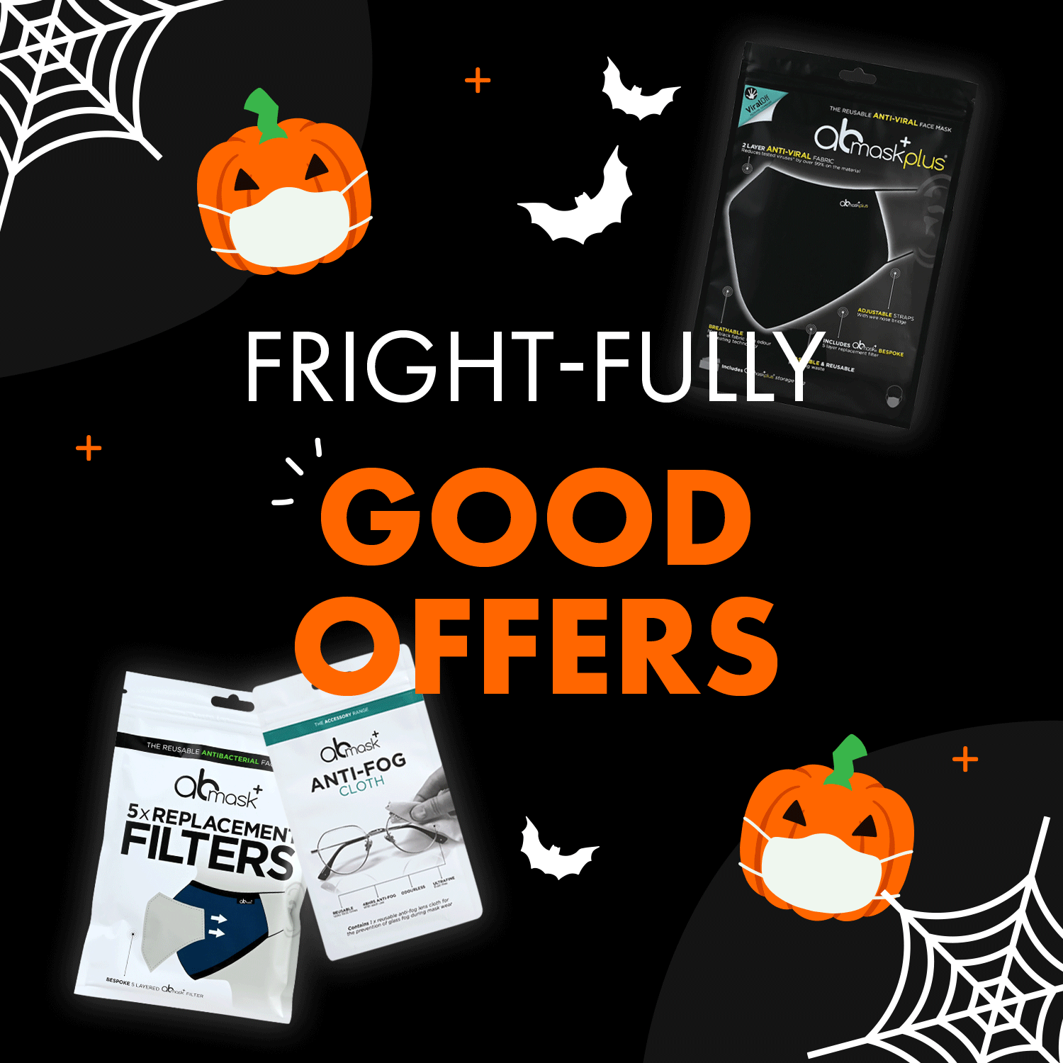 Halloween-themed promotional image with pumpkin masks wearing face masks, packaging of face mask accessories, and the text "Frightfully good offers" on a black background.