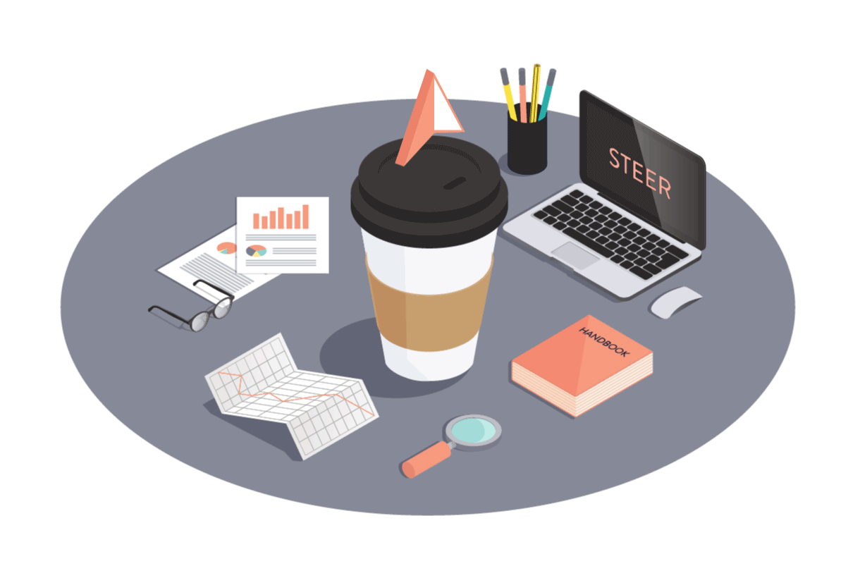 An overhead view of a work desk with a coffee cup, laptop displaying 'STEER', handbooks, charts, glasses, a magnifying glass, and pens in a holder.