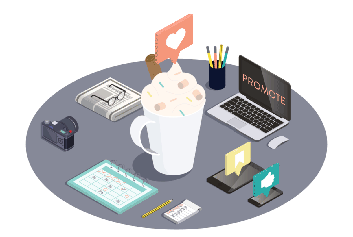 A desk with a large coffee mug topped with whipped cream, surrounded by a calendar, notebooks, camera, laptop displaying 'PROMOTE', and social media icons.